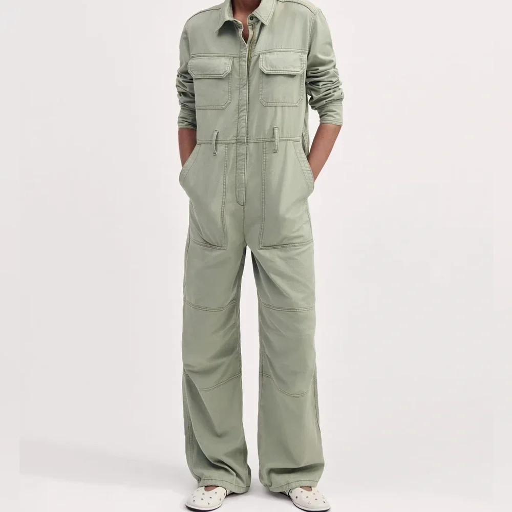 NWT Me + Em super soft utility jumpsuit sage green organic cotton size 10 - Picture 5 of 12